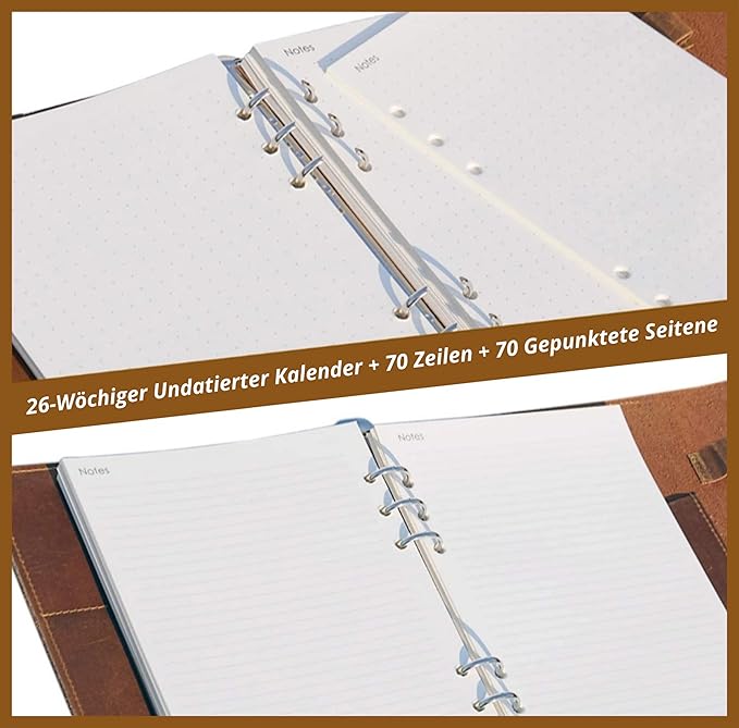 WANDERINGS Refillable A5 Leather Binder Journal - 8.5x6-6 Ring Binder Organizer with Pockets - Hand-Crafted Genuine Leather Folio - Filofax Compatible. 52 Weeks with Notes Section