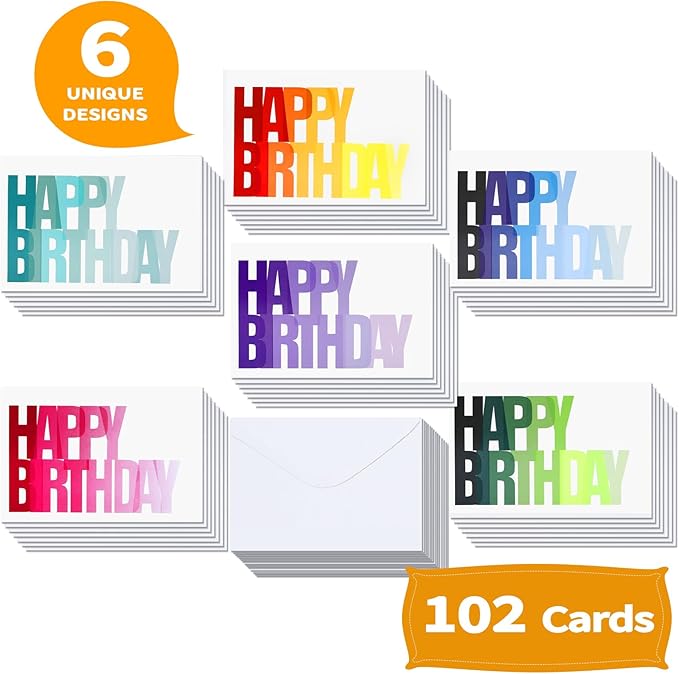 102 Pack Happy Birthday Cards Bulk Box Set with Envelopes 4 x 6 inch, Blank Inside, 6 Designs for Students, Work, Office, Colorful Ombre Font (Plus 102 Pack Envelopes)