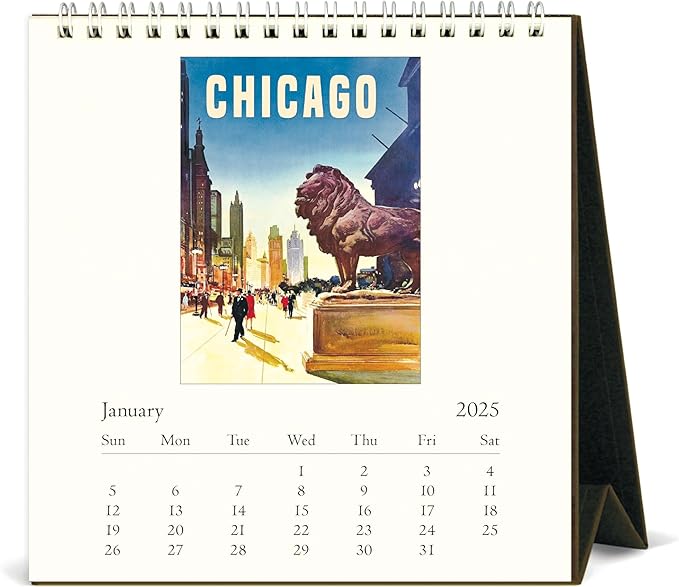 Cavallini 2025 Vintage Chicago Easel Desk Calendar, 6 x 6.5 Inches, 12 Month Page-A-Month Standing Desk Calendar, Vintage-style Chicago Illustrations, Small and Cute Desktop Flip Calendar 2025