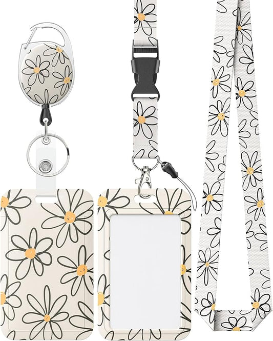 Uniclife Floral Sliding Badge Holder White Flower Plastic Case with Retractable Badge Reel Carabiner Clip & Detachable Lanyard Strap Fashionable Vertical Card Protector for Women Nurse Teacher Student