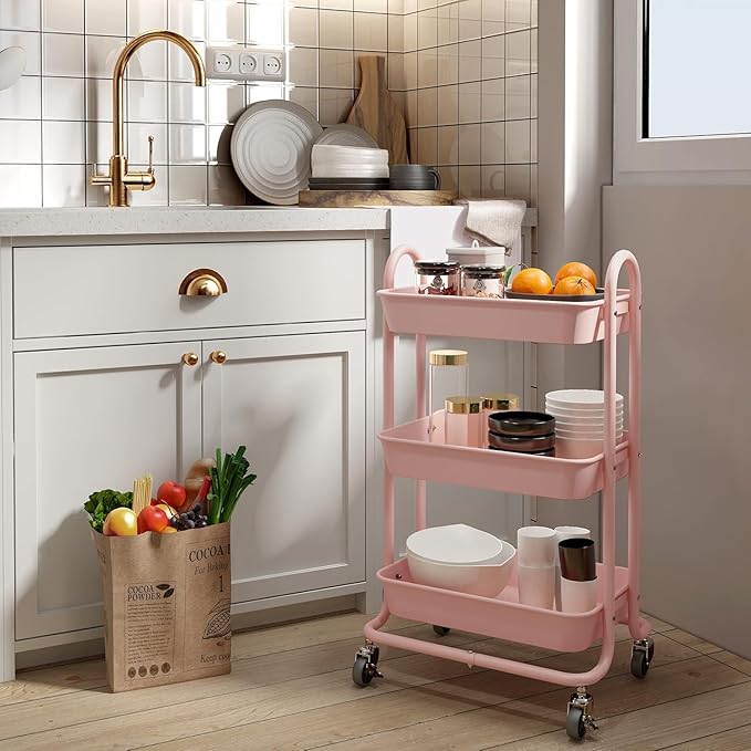 3-Tier Pink Utility Rolling Cart,Kitchen Storage Carts with Wheels,Pink Metal Rolling Cart for Office,Home,Kitchen,Garden๏ผ18"x11.4"x31.2"๏ผ Pink