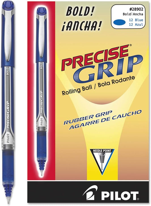 Pilot, Precise Grip Liquid Ink Rolling Ball Stick Pens, Bold Point 1 mm, Blue, Pack of 12