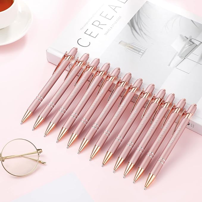 Zonon 12 Pieces Inspirational Pens Bulk Easter Basket Stuffers Motivational Quotes Ballpoint Pens with Stylus Tip Inspirational Gifts for School Office Teachers(Rose Gold,Motivational Style)