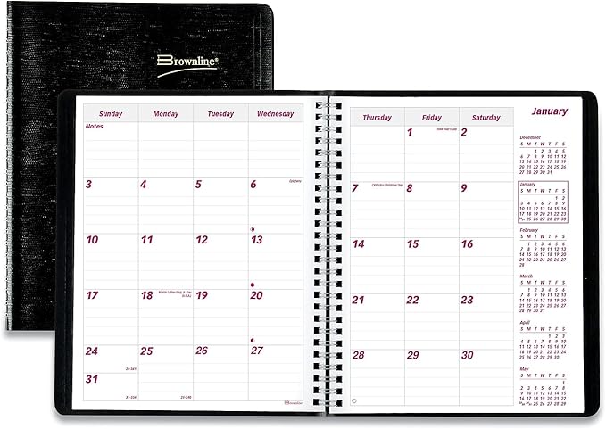 Brownline 2024 Essential Monthly Planner, 14 Months, December 2023 to January 2025, Twin-Wire Binding, 8.875" x 7.125", Black (CB1200.BLK-24)