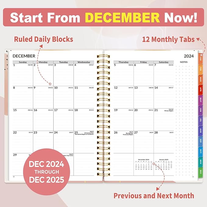 SUNEE 2025 Appointment Book, Quarter-Hourly, Weekly & Monthly - from January 2025 - December 2025, 6.4"x8.3" Weekly Planner, Flexible Cover, Note Pages, Pockets, Bookmark, Spiral Binding, Pink Breeze