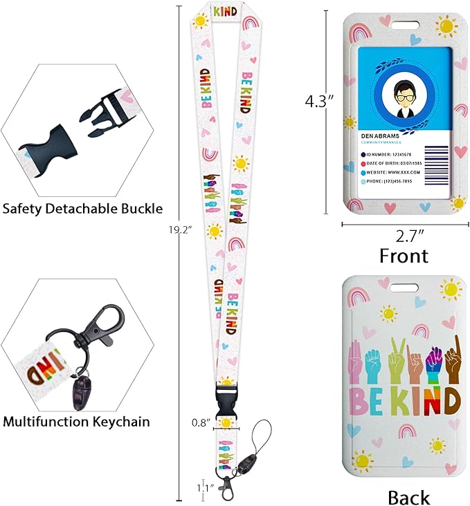 Be Kind Lanyards for Id Badges, Cute Hand Sign Badge Reel Heavy Duty with Carabiner Clip, Fashionable ID Badge Holder with Breakaway Lanyard, Teacher Nurse Office Christmas Gifts