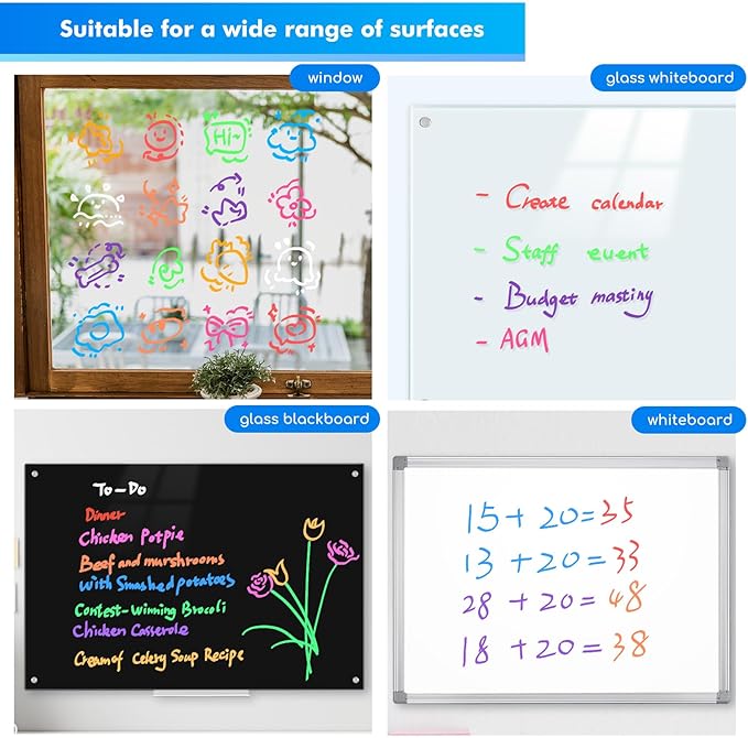 maxtek Neon Dry Erase Markers for Glass,Window Markers for Dry Erase Board,Chalkboard,LED Note Board,Acrylic Refrigerator Calendar,Chisel Tip,Low Odor,Assorted Colors,9 Count
