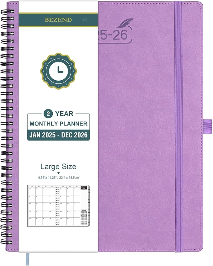 BEZEND Monthly Planner 2025-2026, Large size, 2 Year Monthly Calendar 8.5" x 11" - 120 GSM Thick Paper - Spiral Planner with Pockets, Tabs, Calendar with Note Sections, Pen Loop, Softcover - Lavender