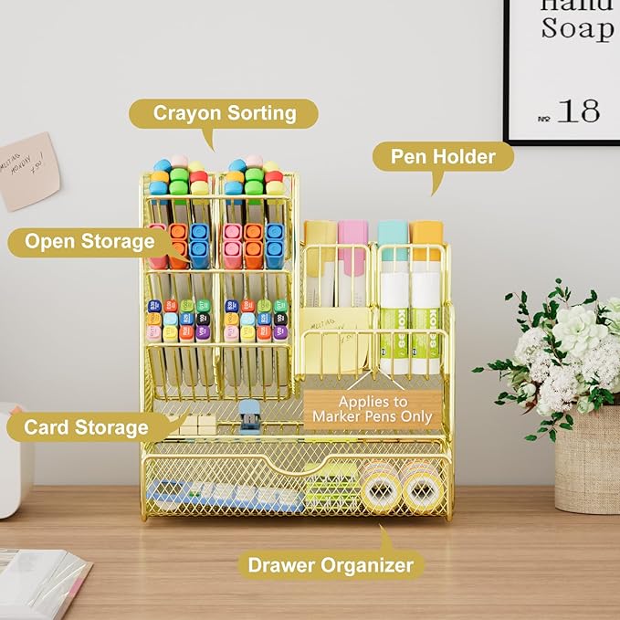 Marbrasse Mesh Pen Holder for Desk, Multi-Functional Pencil Organizer with Drawer, Desk Organizers and Accessories for Office Art Supplies (Gold-Applies to Marker Pens Only)