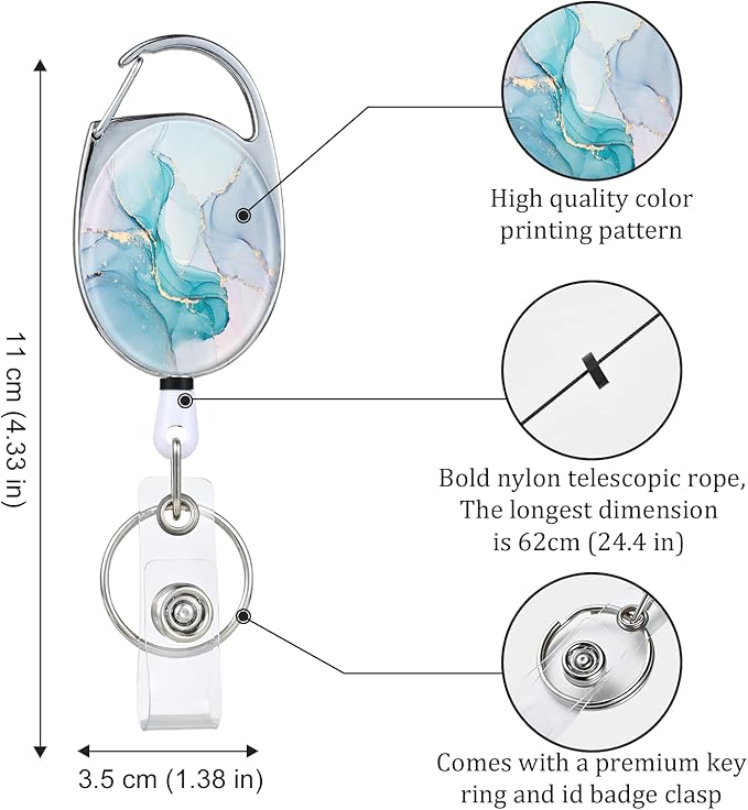 Badge Reels Retractable,Double Sided Color Print Pattern Retractable Badge Holders,with Retractable Keychain, Badge Clip and Key Ring,Durable Nylon Retractable Rope,Green Marble