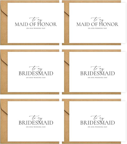 6 Pieces Bridesmaid Proposal Cards with Envelopes, 4 Pieces To My Bridesmaid On Our Wedding Day Cards and 2 Pieces To My Maid Of Honor On Our Wedding Day Cards.(Bridesmaid - 6cards A)