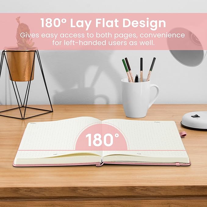 Bullet Dotted Journal Notebook for Women & Men, Hardcover Leather Journal for Writing, A5 Bullet Journaling Notebook for Work & Sketching, Perfect for Office School Home Supplies, 160 Pages, Pink