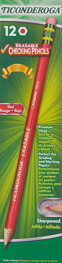 Ticonderoga Erasable Checking Pencils with Eraser, Pre-sharpened, Red, 12-Pack (14259) & Erasable Checking Wood-Cased Pencils, Pre-Sharpened, Blue, 12 Count