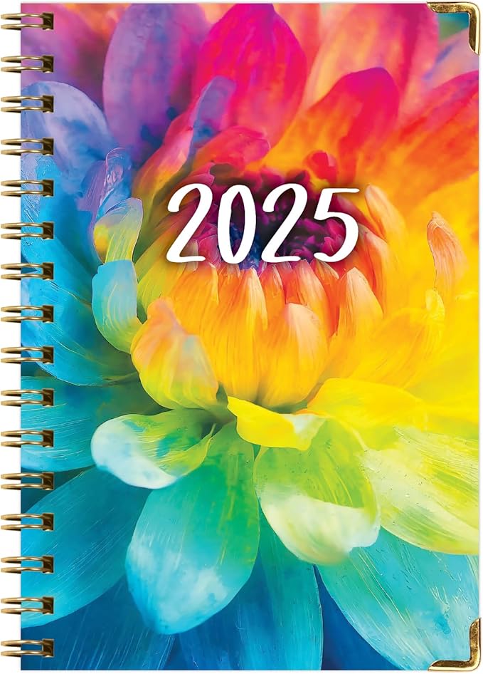 HARDCOVER 2025 Planner, 5.5"x8": 14 Months (November 2024 - December 2025), Daily Weekly Monthly Planner, Yearly Agenda, Bookmark, Pocket Folder and Sticky Note Set (Rainbow Petals)