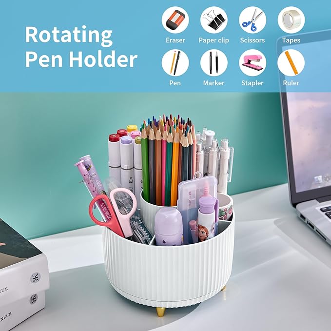 Marbrasse Desk Organizer, 360-Degree Rotating Pen Holder for Desk, Desk Organizers and Accessories with 5 Compartments Pencil Organizer, Art Supply Storage Box Caddy for Office, Home (White)