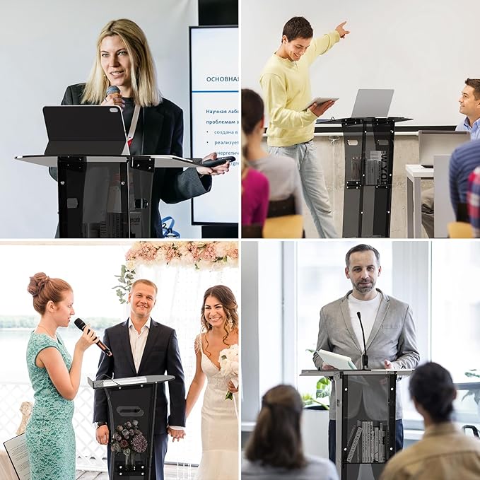 Acrylic Podium Stand,49“ Tall Portable Podium with Lockable Wheels, Black lecterns & Podium with Storage Shelf for Classroom, Pulpit Podium for Church,Wedding,Presentation