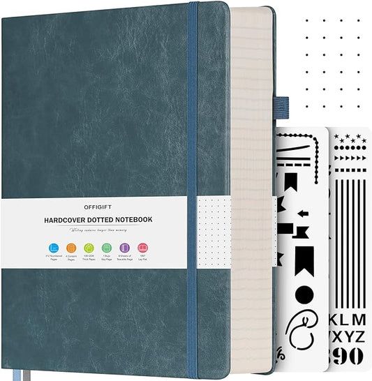 Dotted Journal Notebook, 312 Numbered Pages Large B5 Hardcover Leather Notebook, 100gsm No Bleed Paper Dot Grid Notebook with Index Pages, Dot Journal for Women Men, 7.6'' X 10'', Grey Blue