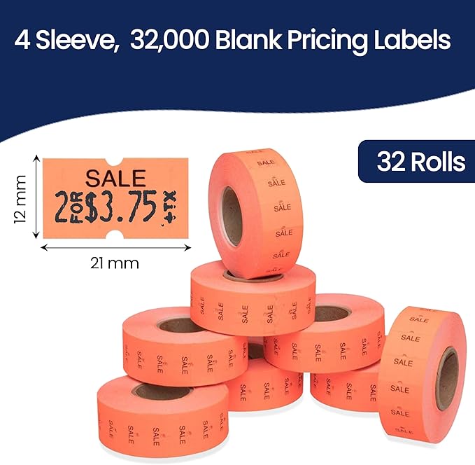 Perco Sale Labels for Perco 1 Line Labeler Gun, Fluorescent Red - 4 Sleeve, 32,000 Labels