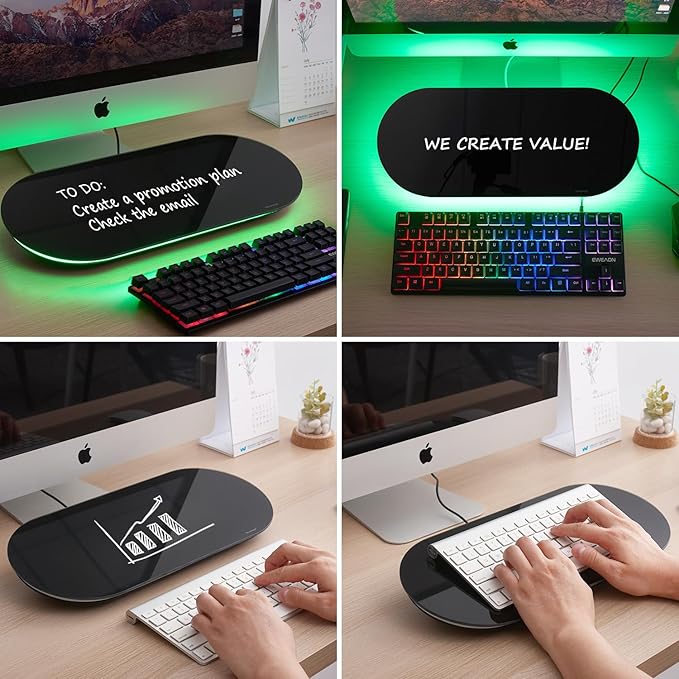 TSJ OFFICE Glass Desktop Whiteboard - 17 X 7 Inches Small Dry Erase Board with Green Light, Black Glass White Board Surface Notepad with 1 Drawer, Desk Organizers for Office, Home, School Supplies