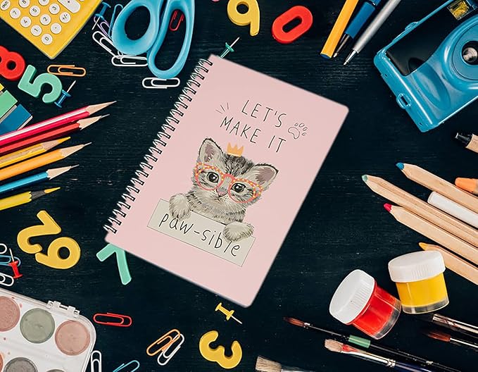 Yansanido Spiral Notebook, 4 Pcs A5 Thick Cat Design Hardcover 8mm Ruled 4 Color 80 Sheets -160 Pages Journals for Study and Notes (Cat)