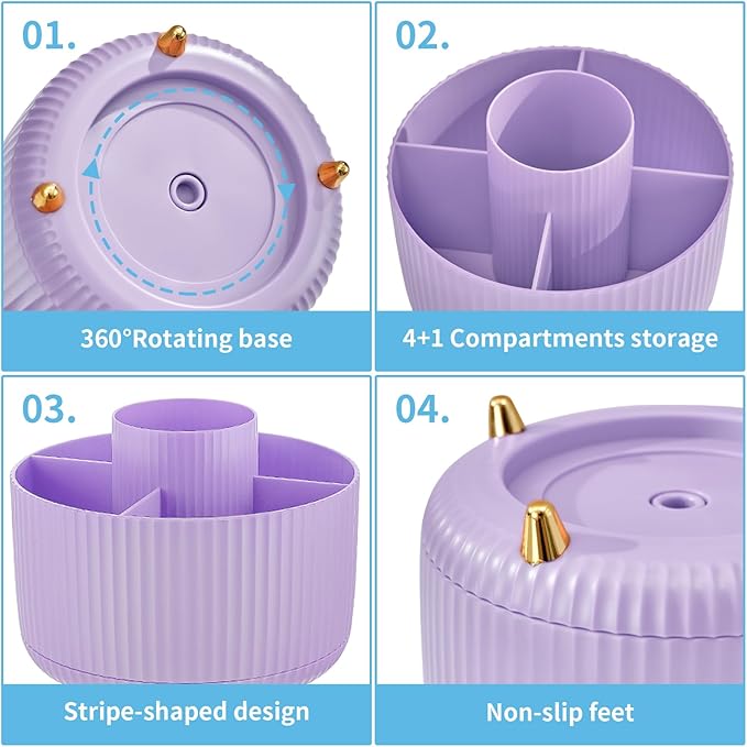 Marbrasse Desk Organizer, 360-Degree Rotating Pen Holder, Desk Organizers and Accessories with 5 Compartments Pencil Organizer, Art Supply Storage Box Caddy for Office, Home(Pink/Purple Random)