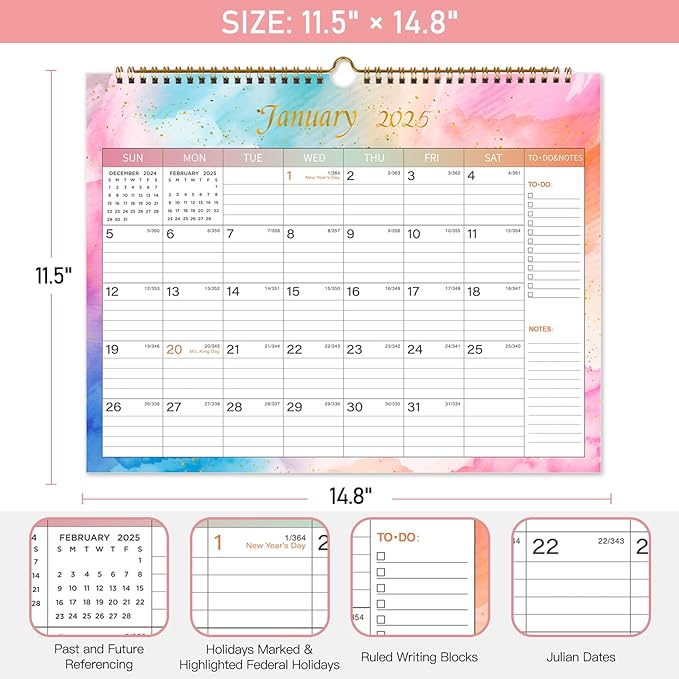 Lbylyhxc 2025 Calendar -12 Monthly Wall Calendar 2025 from Jan 2025 to Dec 2025, 14.8 x 11.5 Inches.Thick Paper with Julian Dates Large Wall calendar 2025 for New Year Presents (Large Colorful)