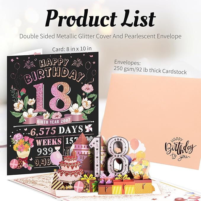 18th Birthday Card for Girls Daughter, Jumbo Pop Up 18th Birthday Cards for Her Granddaughter, Happy 18th Birthday Decorations for 18 Year Old Girls Daughter Funny Birthday Gifts, Review of 2007, Pink