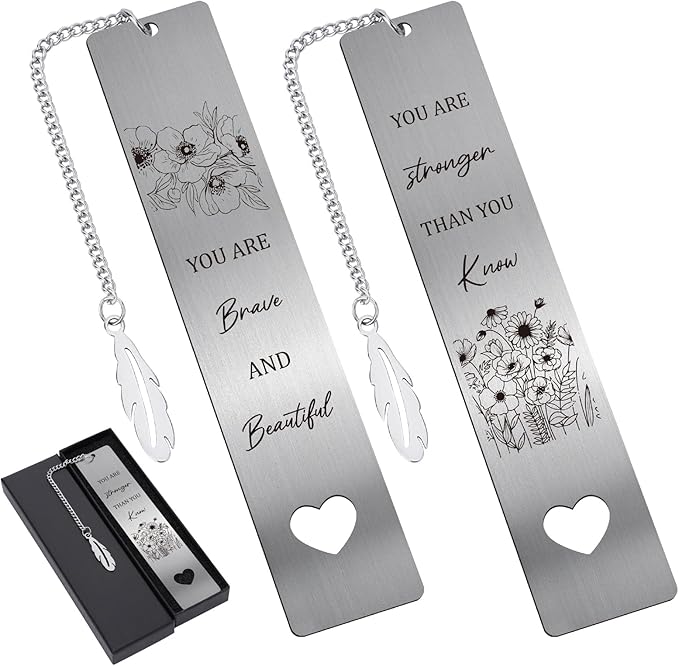 Inspirational Metal Bookmark Gift - 2 PCs You are Brave Stronger Than You Know Bookmarks Reading Women Girls Flower Motivational Appreciation Book Marks Pendant Family Friends Birthday