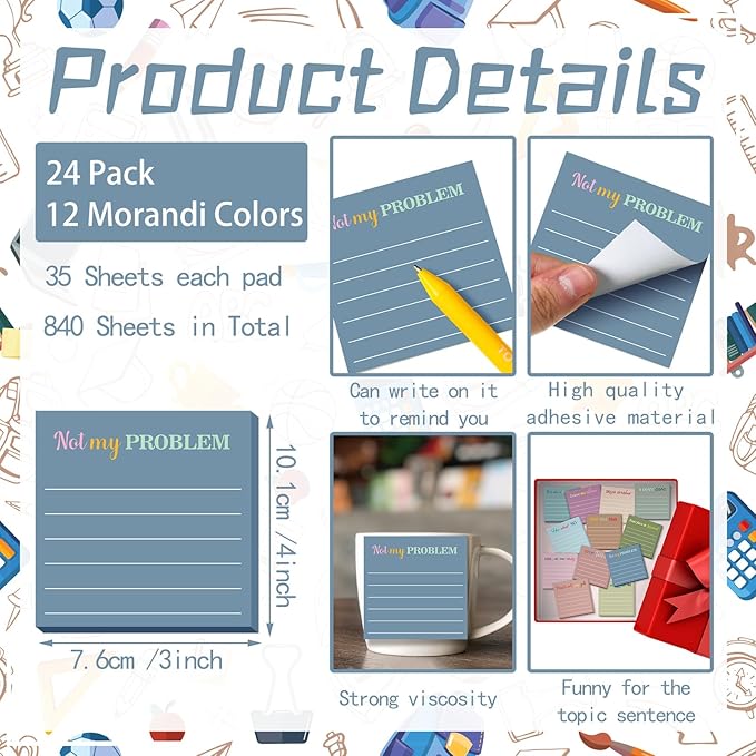 Yinder 24 Pcs Inspirational Sticky Notes with Lines Cute Motivational Sticky Notes Pad Employee Appreciation Gifts Bulk for Teacher Nurse Coworkers Office Supplies 3 x 3''(Morandi Color,Funny)
