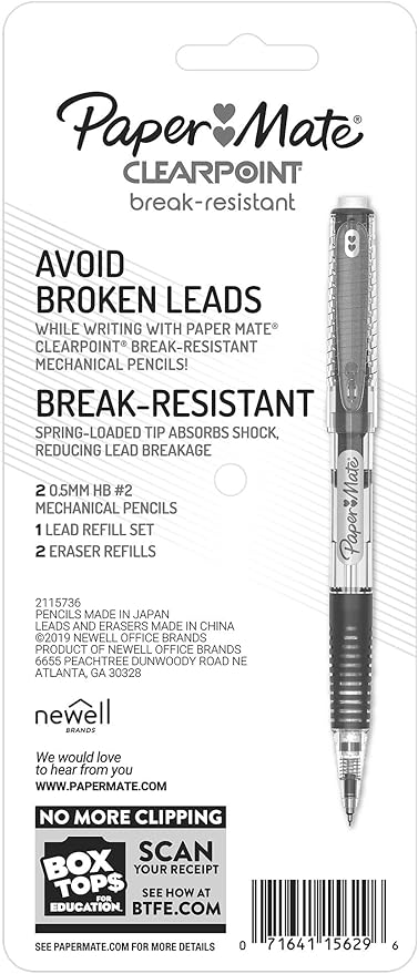 Paper Mate Clearpoint Mechanical Pencils 0.5mm, Break Resistant HB #2 Lead, School Supplies, Art Supplies, Drawing Supplies, Sketching Pencils, 2 Pencils, Black, 1 Lead Refill Set, 2 Erasers