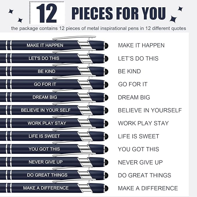 Zonon 12 Pieces Inspirational Pens Bulk Easter Basket Stuffers Motivational Quotes Ballpoint Pens with Stylus Tip Inspirational Gifts for School Office Teachers(Navy,Motivational Style)