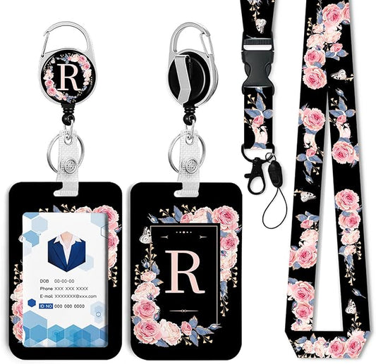 A-Z Badge Holder with Retractable Reel and Breakaway Lanyard Badge Clips Retractable Heavy Duty Badge Reel,Keychain,ID Holder with Breakaway Lanyard for School Nurse Office Teen R