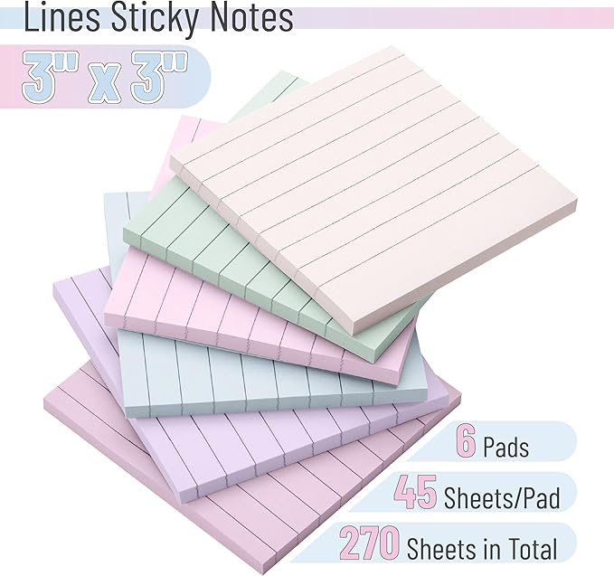 Mr. Pen Lined Sticky Notes - 3x3, 6 Pads, 45 Sheets, Pastel Colors
