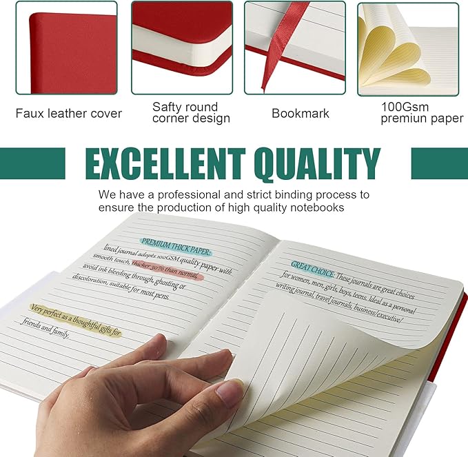 Lined Journal Notebook, 6Pack(red), 160 Pages, Medium 5.7 inches x 8 inches - 100 gsm Thick Paper, Hardcover