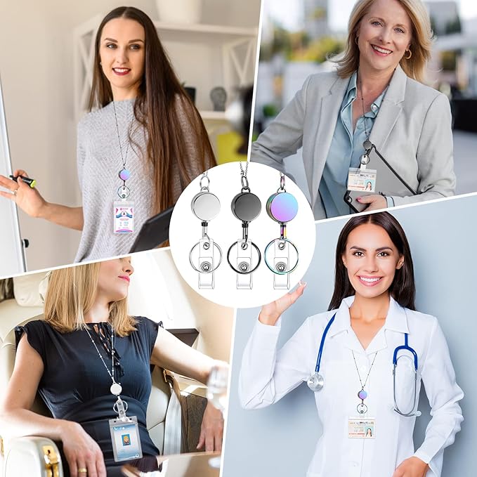 Lanyards for Id Badges 3 Pack Badge Lanyard with 6 Pcs Id Badge Holder Retractable Stainless Steel Teacher Lanyards Cruise Ship Lanyards for Girl Women (Black, Silver, Bright Blue)