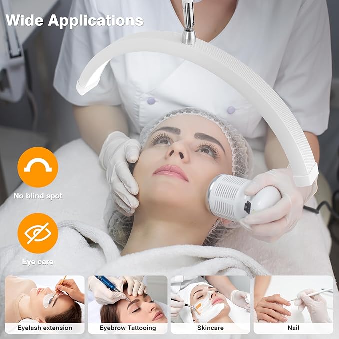 Lash Light for Eyelash Tech with Wheels, Half Moon Light for Lashes, Nails and Estheticians, LED Floor Lamp Adjustable Brightness and Color Modes (White)