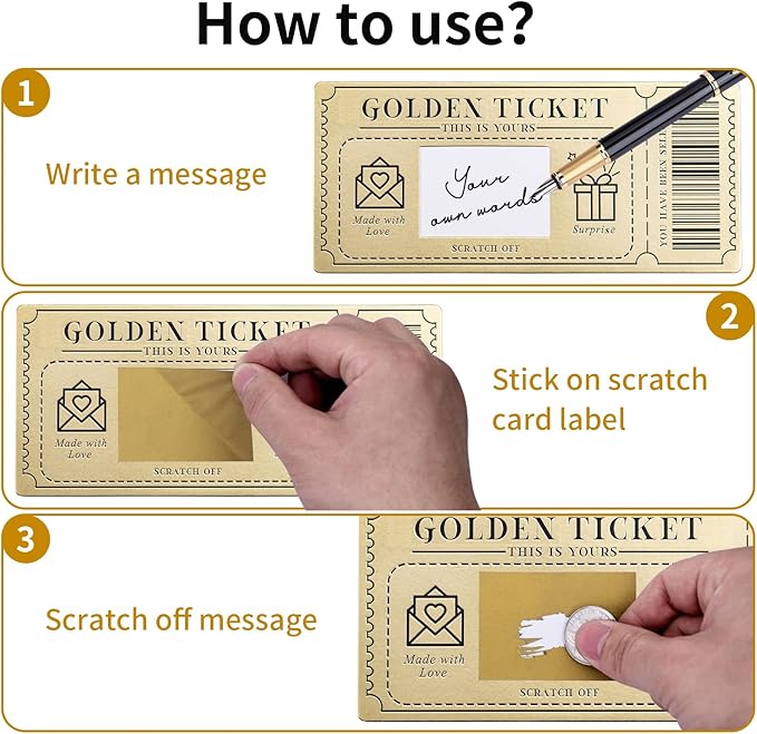 6 Pieces Golden Ticket Scratch-off Cards with Envelopes, Scratch & Reveal Surprise Ticket for Writing Your Own Special for Birthday, Girlfriends, Wives, Valentine's Day Card, Christmas Gift Card