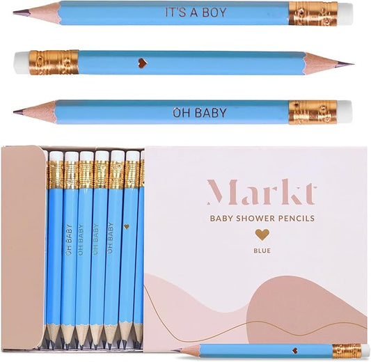 Markt Mini Pencils For Baby Shower Games Boy, Heart Pencils, Small Blue Pencil Set