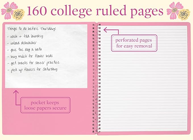 Steel Mill & Co Cute Large Spiral Notebook College Ruled, 11" x 9.5" with Durable Hardcover and 160 Lined Pages, Mosaic Floral