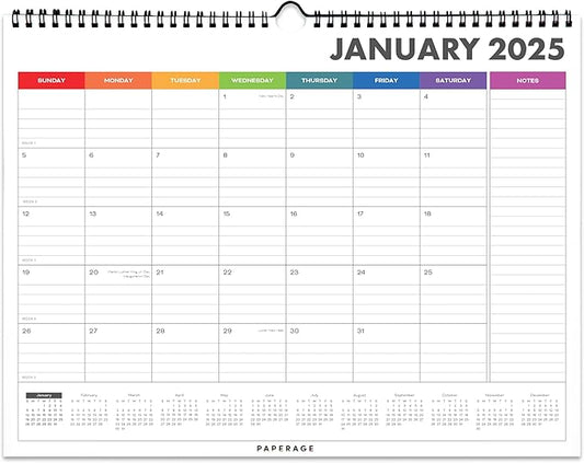 PAPERAGE Calendar 2025-12 Month (Rainbow), Minimalist Wall and Desk Calendar with Monthly Views and Yearly Plans – Medium (11.5 in x 14.75 in)