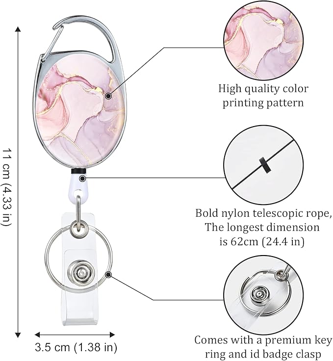 Badge Reels Retractable,Double Sided Color Print Pattern Badge Holders,with Keychain, Clip and Key Ring,Durable Nylon Rope,Pink Marble