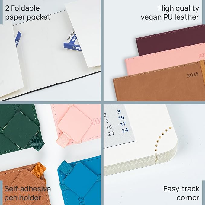 POPRUN 2025 Weekly Planner 8.5" x 11", Quarter-Hourly Appointment Book with PU Leather Soft Cover, Dual Pockets, Gift Box, Monthly Tabs, 100GSM Thick Paper, Sunday Start - Soft Pink