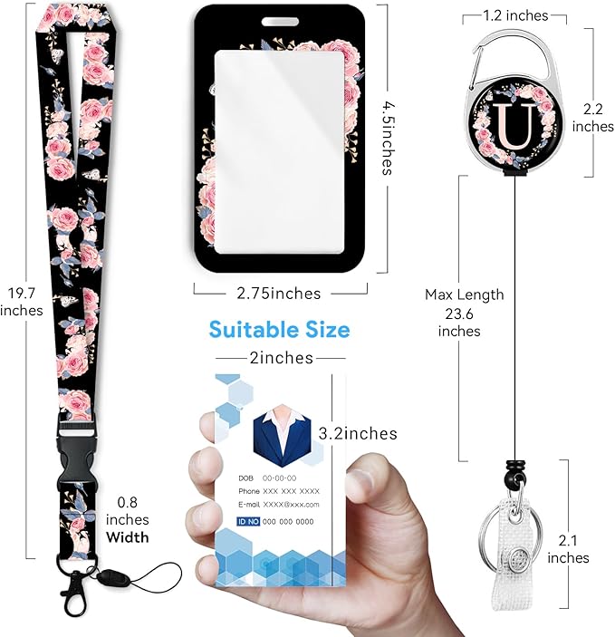 A-Z Badge Holder with Retractable Reel and Breakaway Lanyard Badge Clips Retractable Heavy Duty Badge Reel,Keychain,ID Holder with Breakaway Lanyard for School Nurse Office Teen U