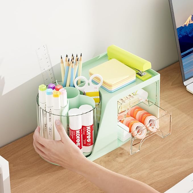 Marbrasse Desk Organizer with 2 Drawer, 360°Rotating Pen Holder for Desk, Desk Organizers and Accessories with 6 Slots Pencil Organizer + 2 Drawer, Art Supply Storage Box Caddy for Office (Green)