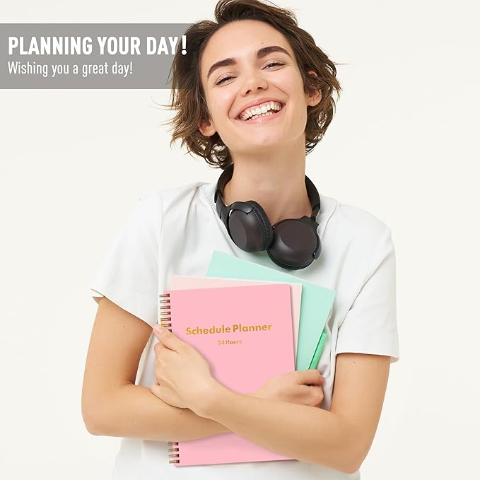 24 Hour Schedule Daily Planner - Undated To Do List Notebook with Hourly Schedule, 7" x 10", Spiral Organizer Your Tasks and Appointments, Home or Office Supplies for Women - Carnation Pink