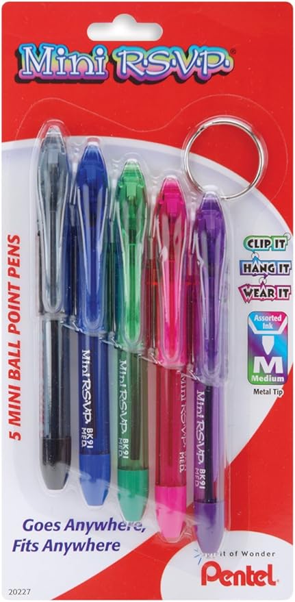 Pentel Mini R.S.V.P. Ballpoint Pen, Medium line, Assorted Ink Colors, 5 Pack (BK91MNBP5M)