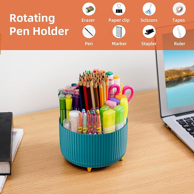 Marbrasse Desk Organizer, 360-Degree Rotating Pen Holder for Desk, Desk Organizers and Accessories with 5 Compartments Pencil Organizer, Art Supply Storage Box Caddy for Office, Home(Green)