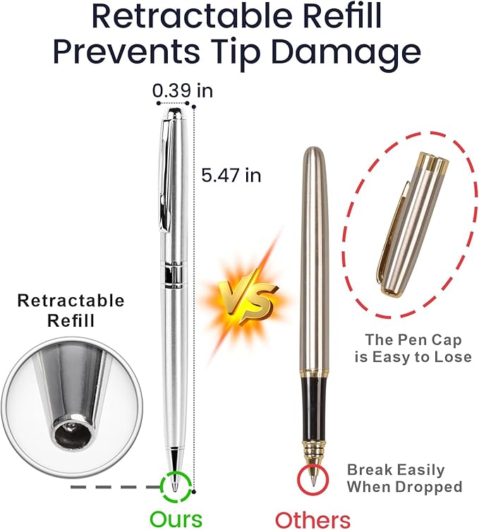 Cambond Ballpoint Pens Bulk Pens - Sliver Metal Pen Nice Luxury Pens for Men Business Office Police Comfortable Writing Twist Retractable 1.0 mm Medium Point Nice Pens, 5 Pack (Silver)