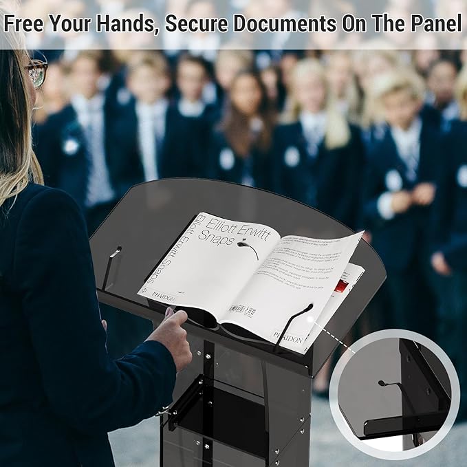 Acrylic Podium Stand,49“ Tall Portable Podium with Lockable Wheels, Black lecterns & Podium with Storage Shelf for Classroom, Pulpit Podium for Church,Wedding,Presentation