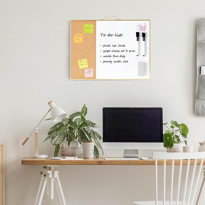 Small Cork Board Whiteboard Combo - 12" X 16" Portable Aluminum Gold Framed Magnetic Dry Erase Board for Wall, Mini Bulletin CorkBoard with a Handle for Office, Home and School